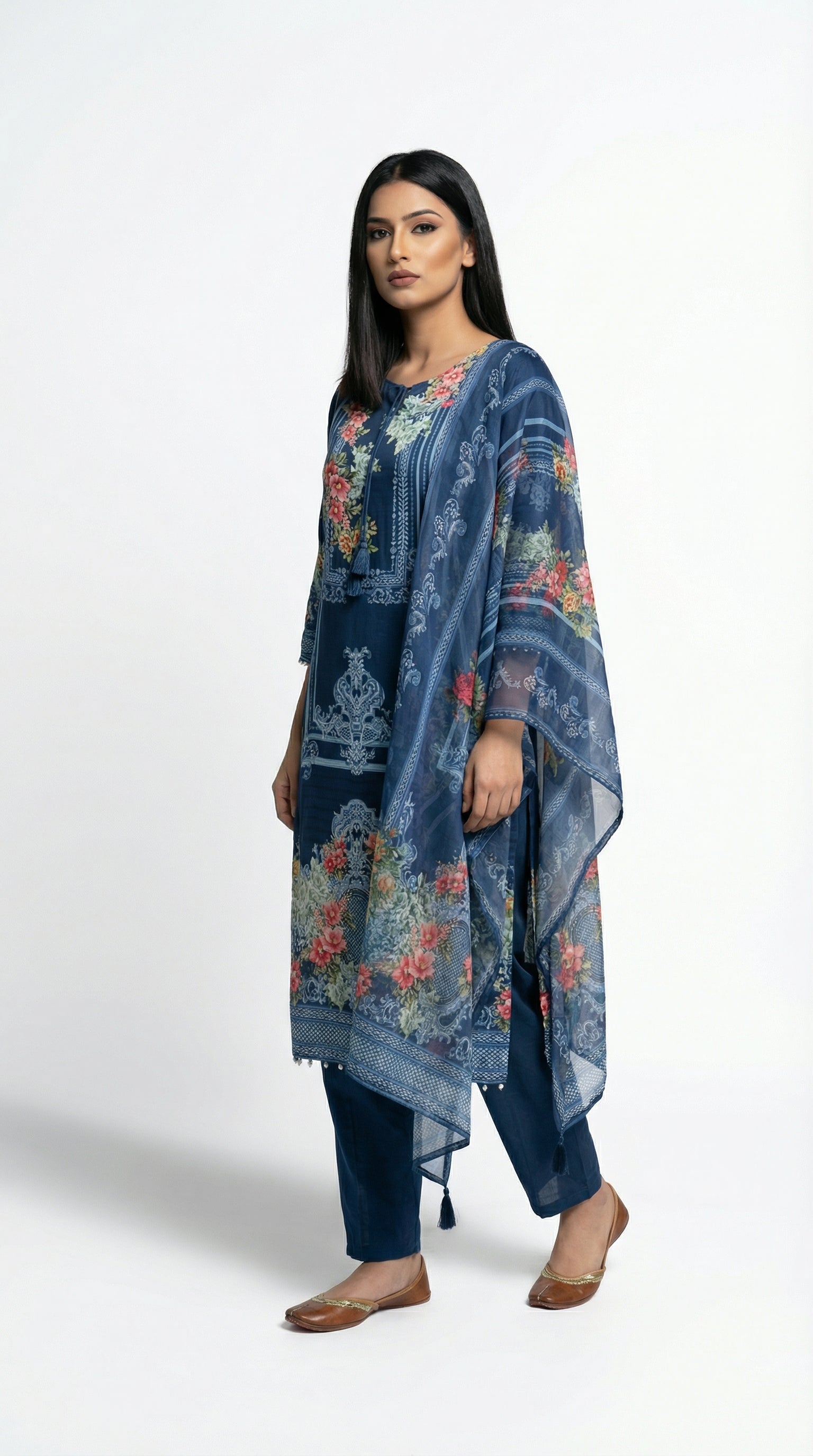 A view of the sheer matching dupatta featuring the same floral digital print draped over the shoulder.