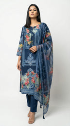 Close-up detail of the round neckline with a keyhole and tassel tie-up on the navy blue floral printed kurta.