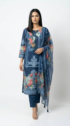 Full body front view of the Rosio House navy blue imported crepe suit set featuring a digital floral print kurta and matching dupatta.