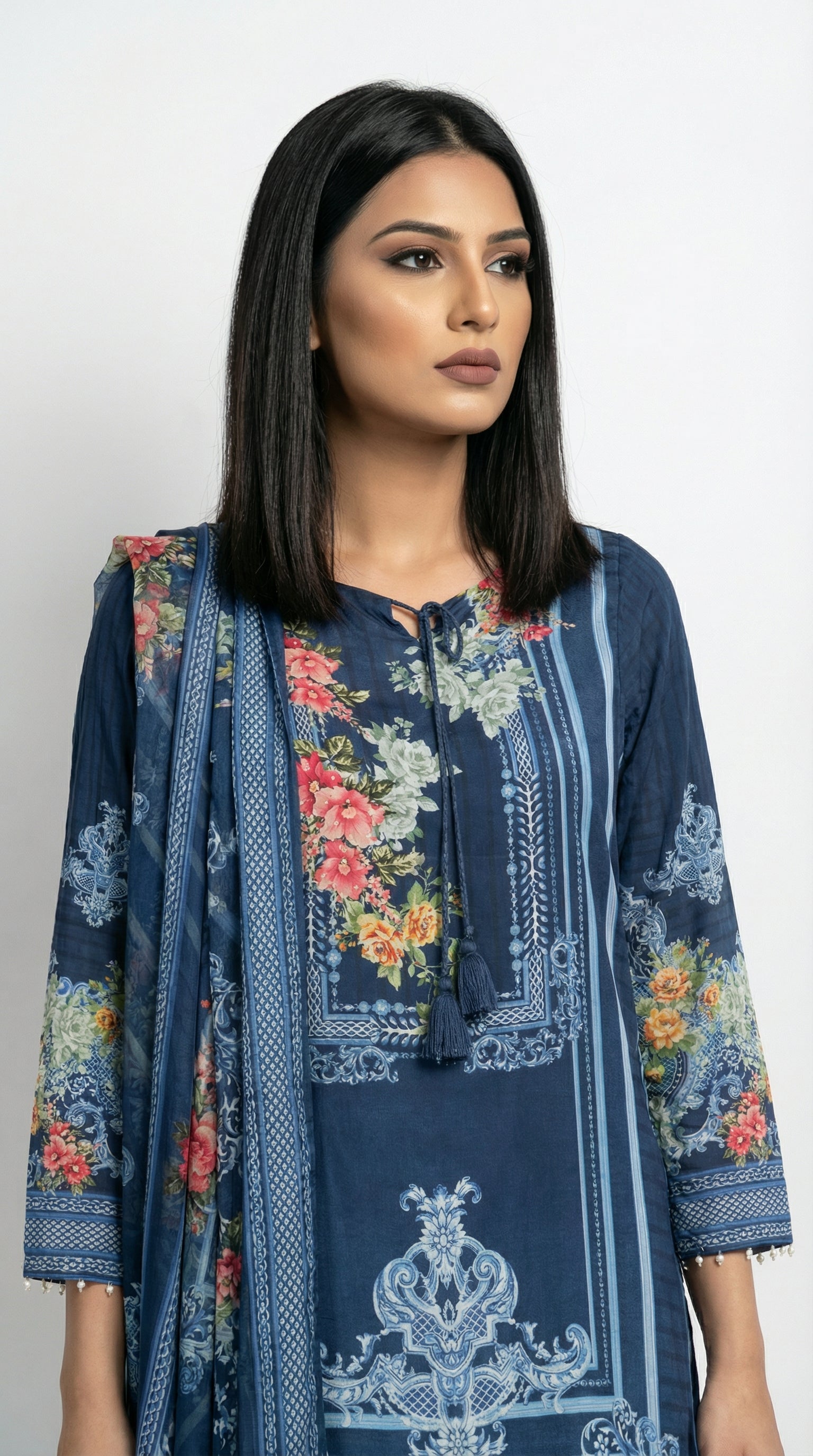 A stylish walking pose showing the comfortable fit and elegant drape of the navy blue crepe suit, perfect for office wear.