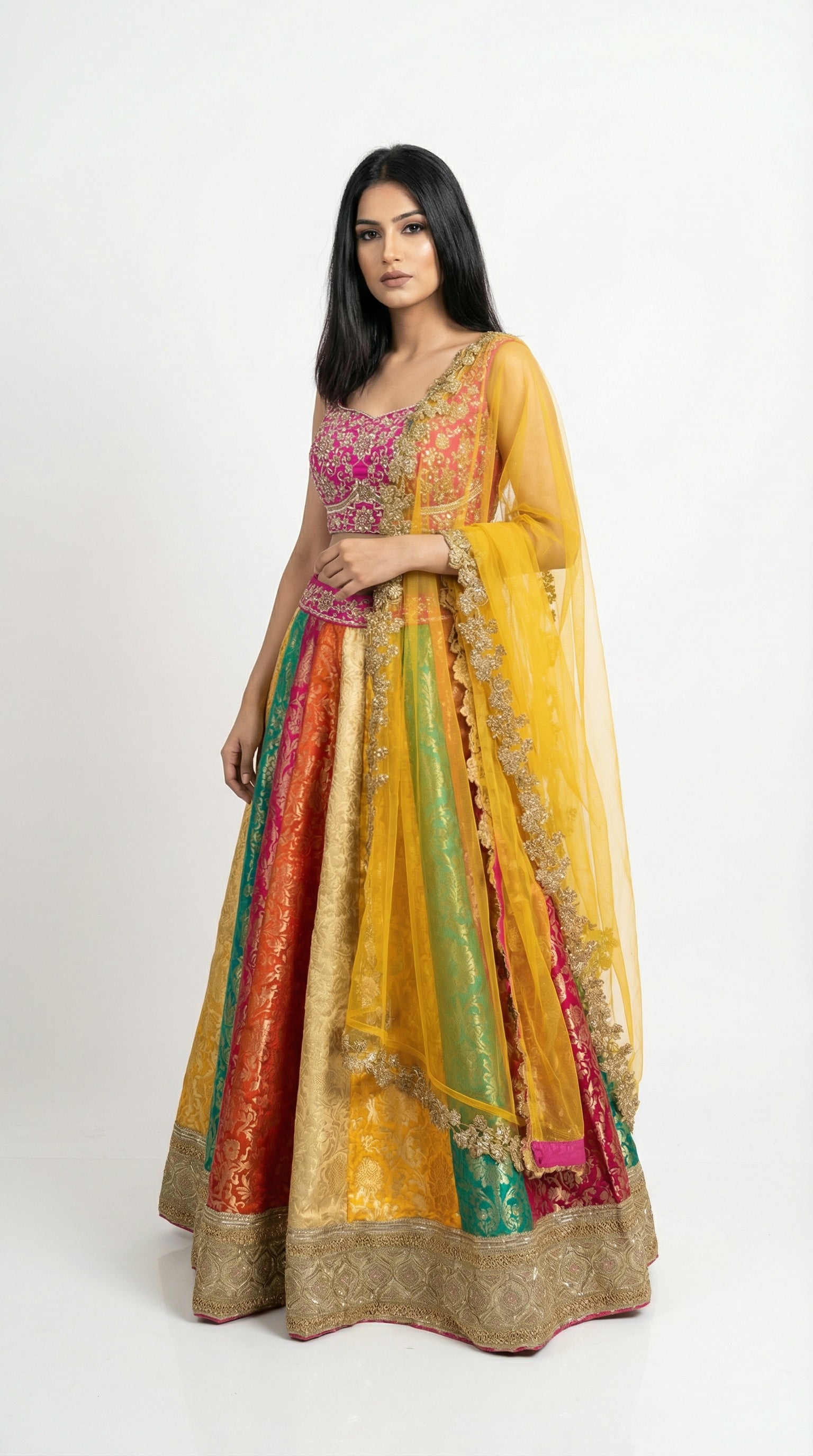 Full body front view of the Rosio House multicolor banarasi lehenga featuring vertical panels of yellow, green, and pink with a heavy border.