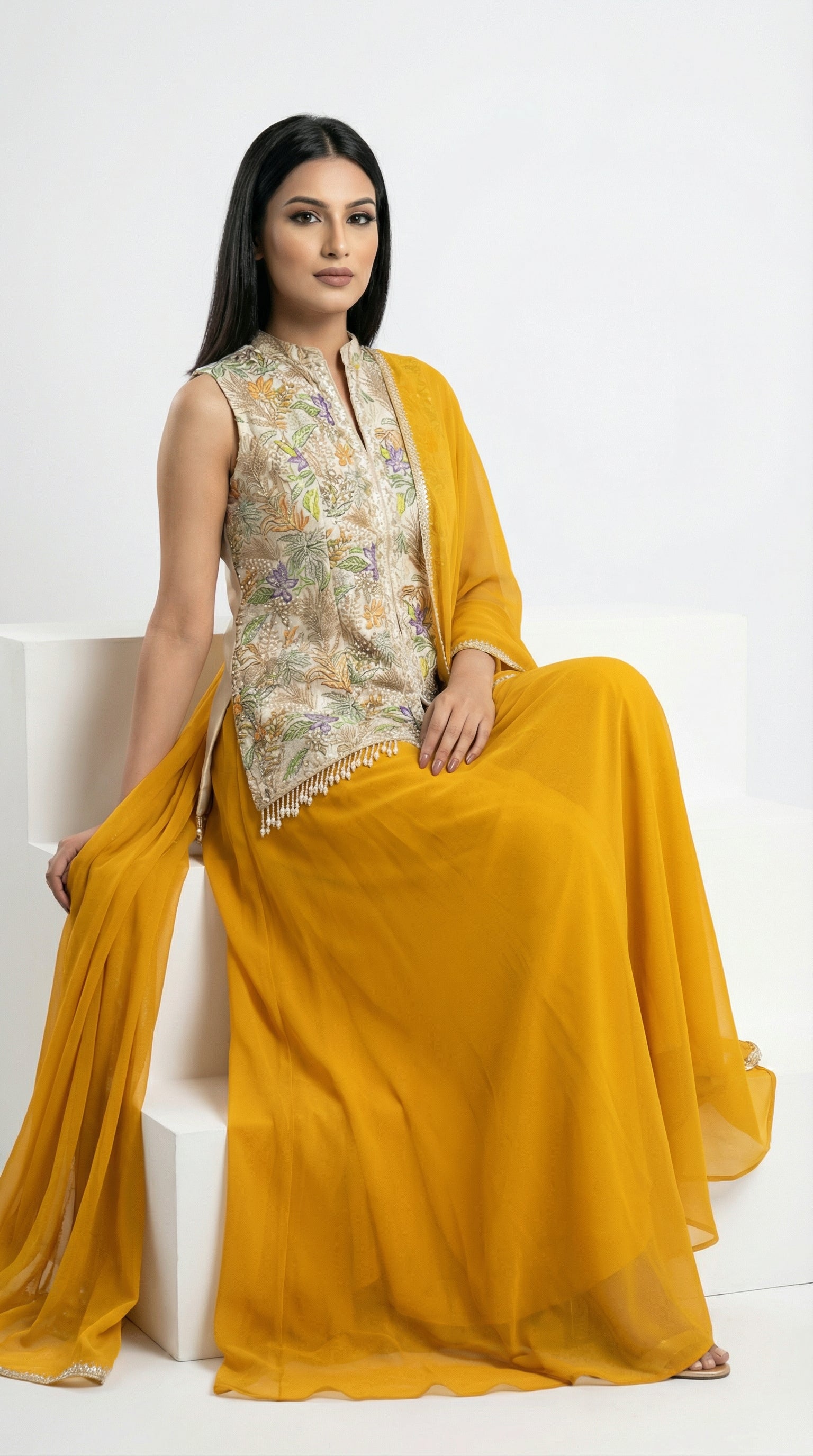 Position print mustard yellow indo western with dupatta