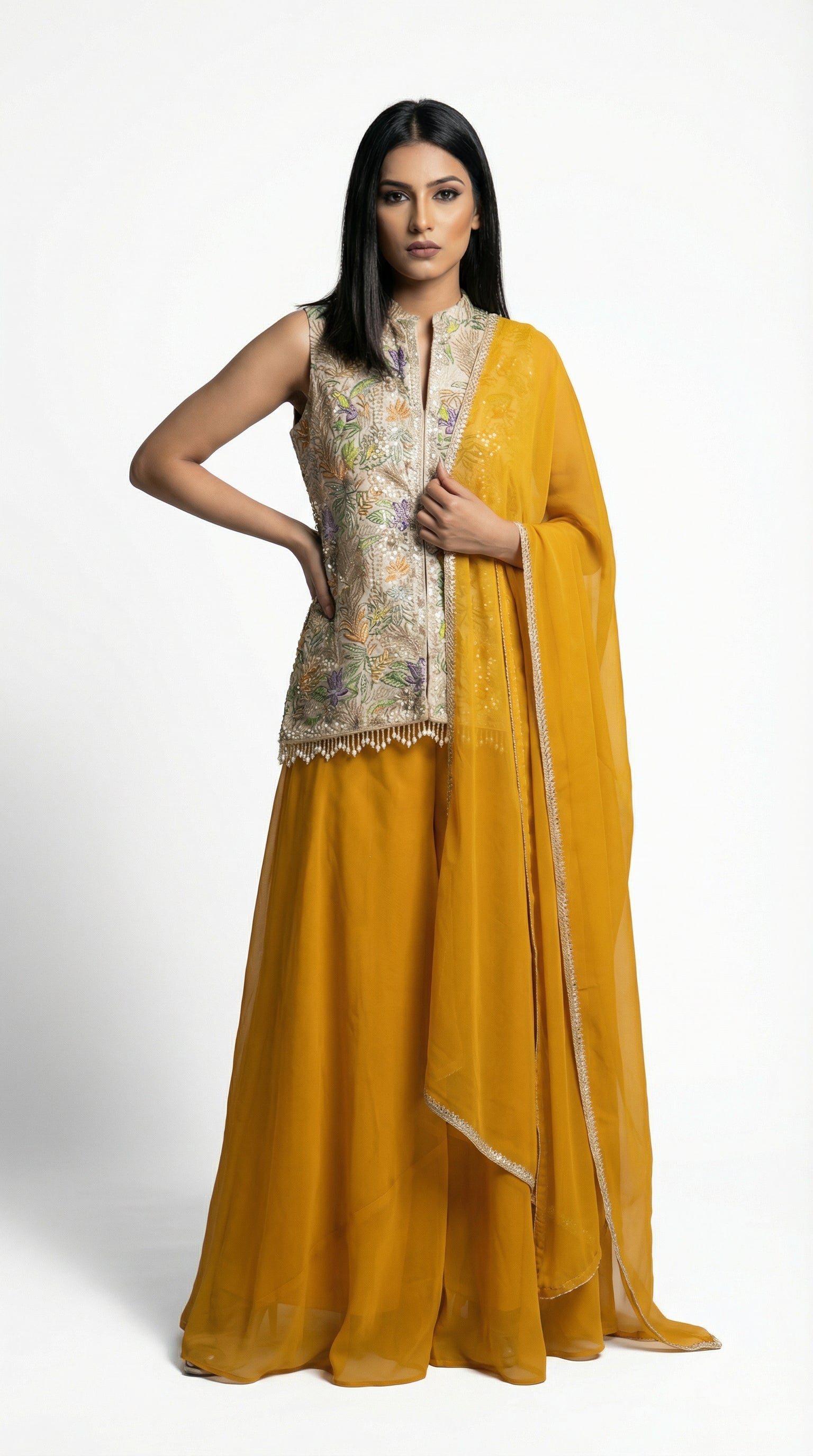 Position print mustard yellow indo western with dupatta
