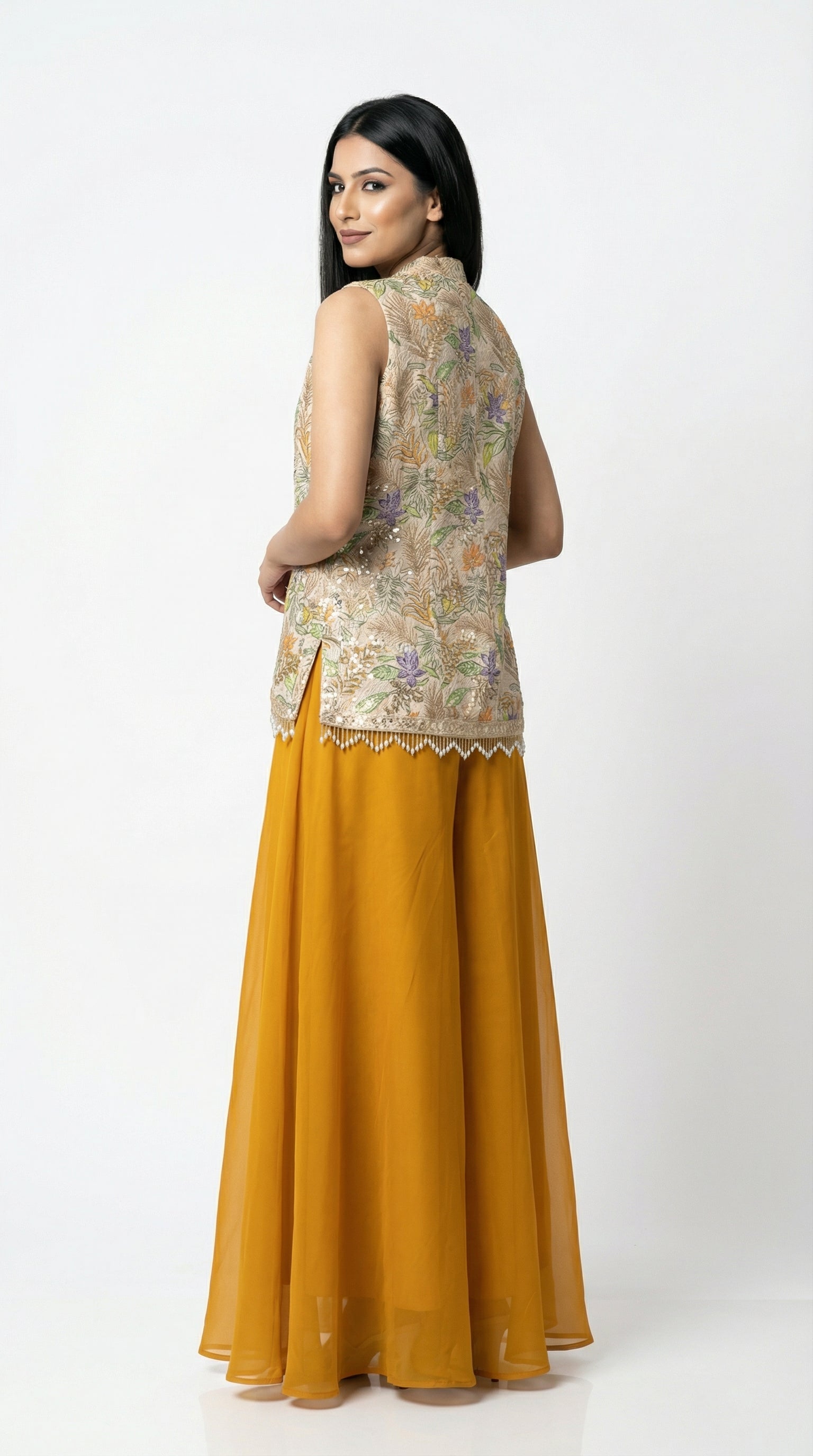 Position print mustard yellow indo western with dupatta