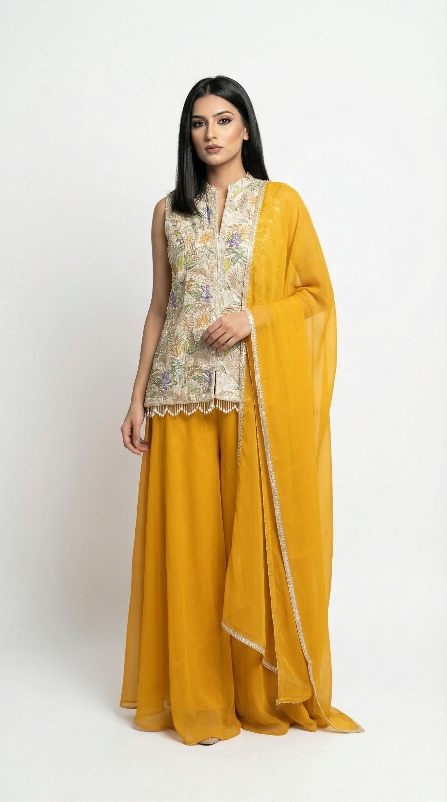 Position print mustard yellow indo western with dupatta