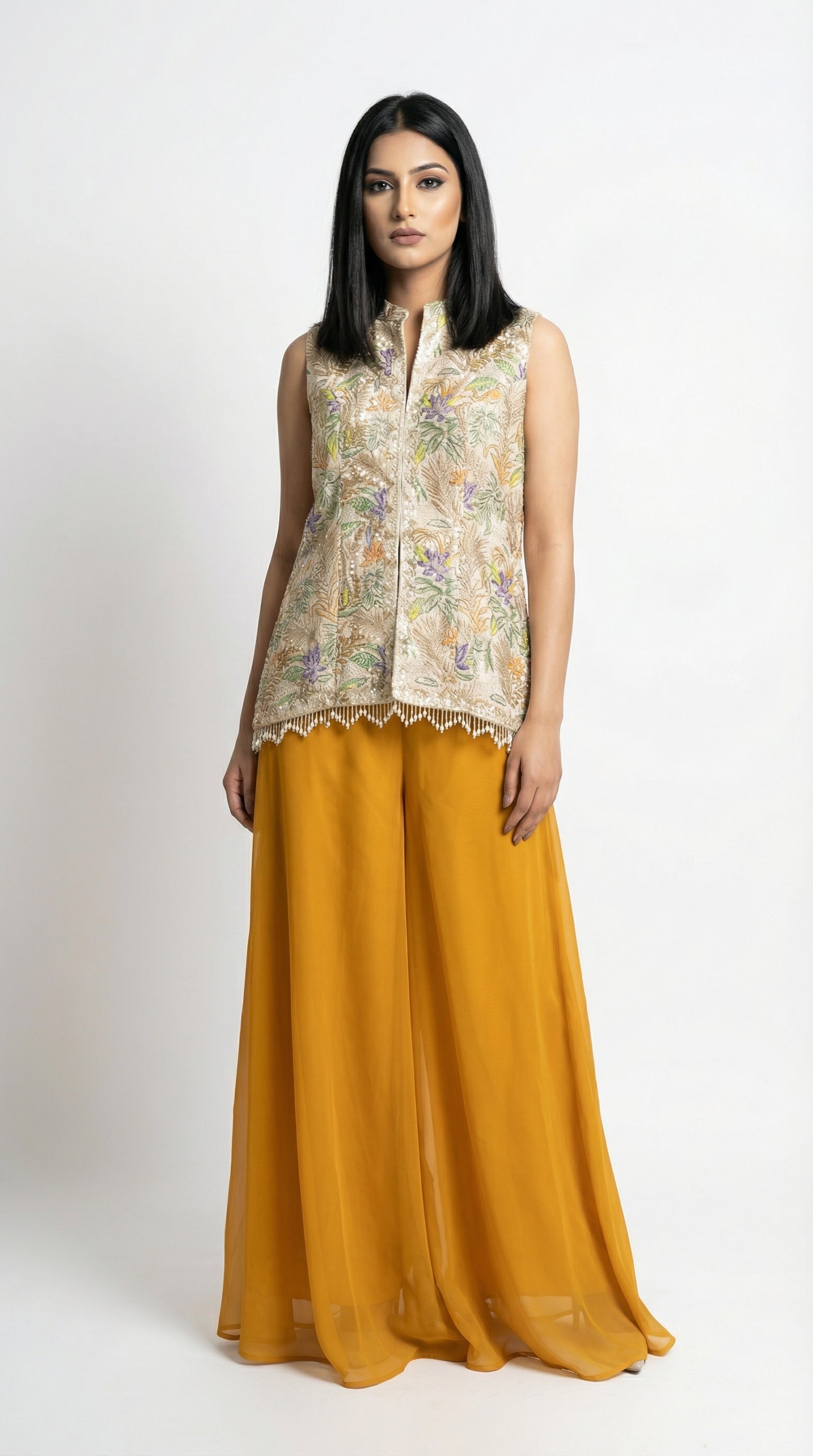 Position print mustard yellow indo western with dupatta