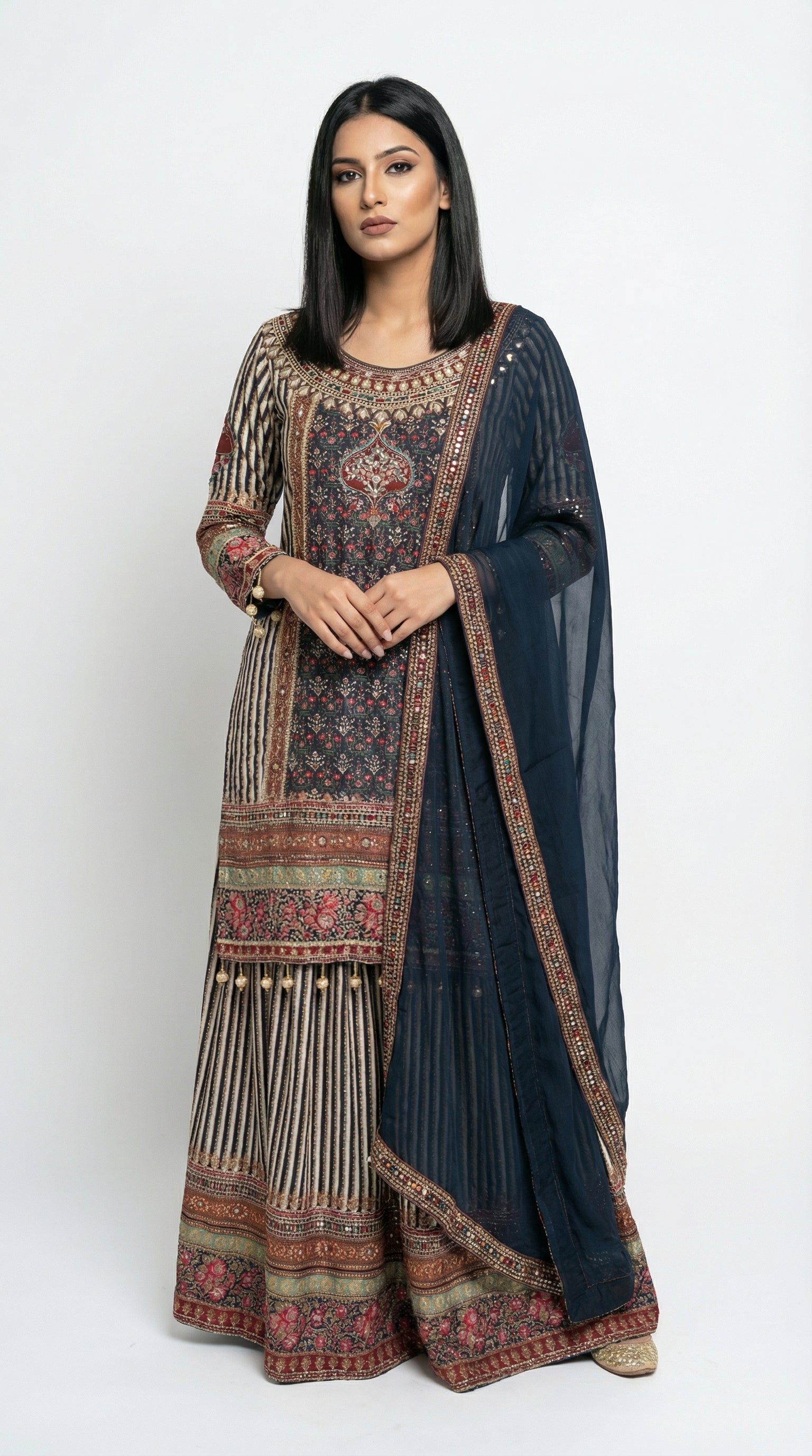 A stylish pose showing the complete midnight blue traditional look, perfect for a cultural event or evening party.