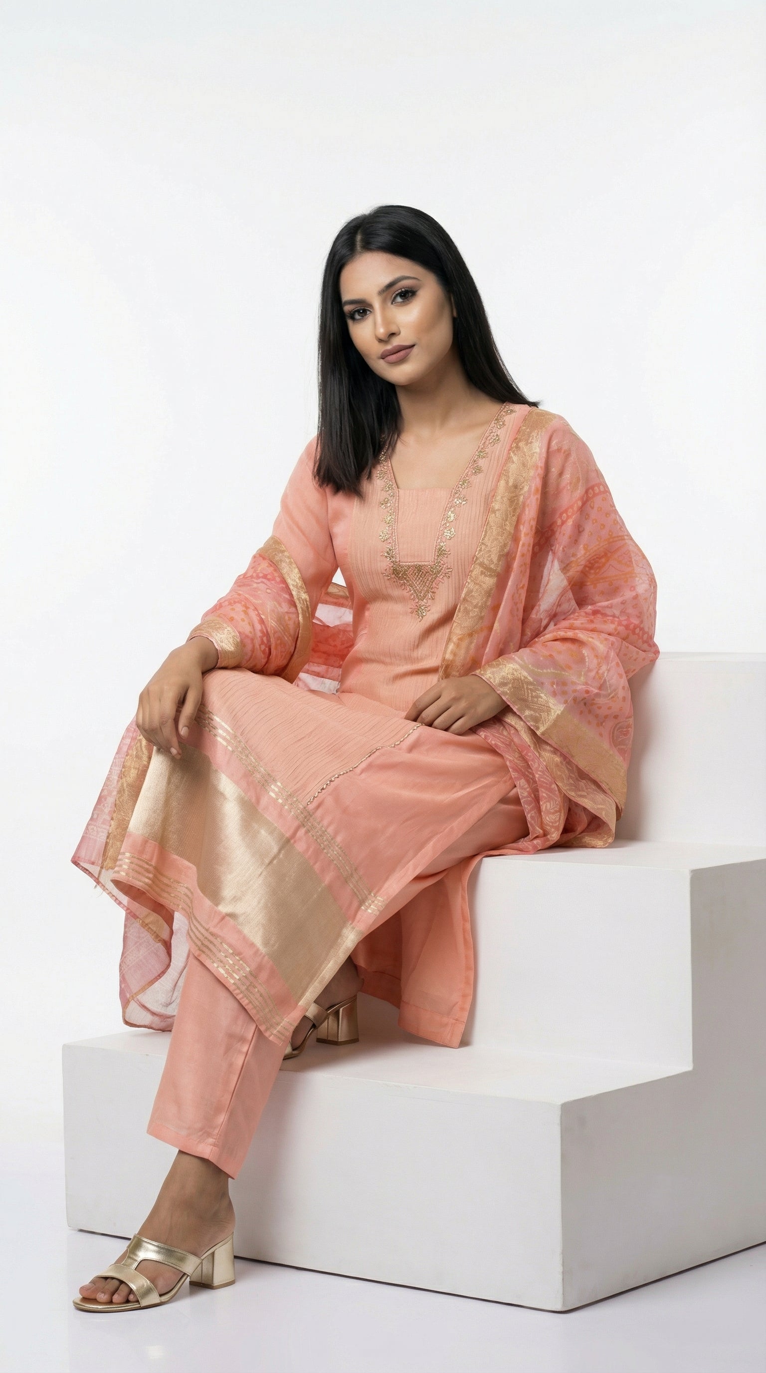 Close-up detail of the trendy bell sleeves and the textured center panel with gold trim on the peach kurta.