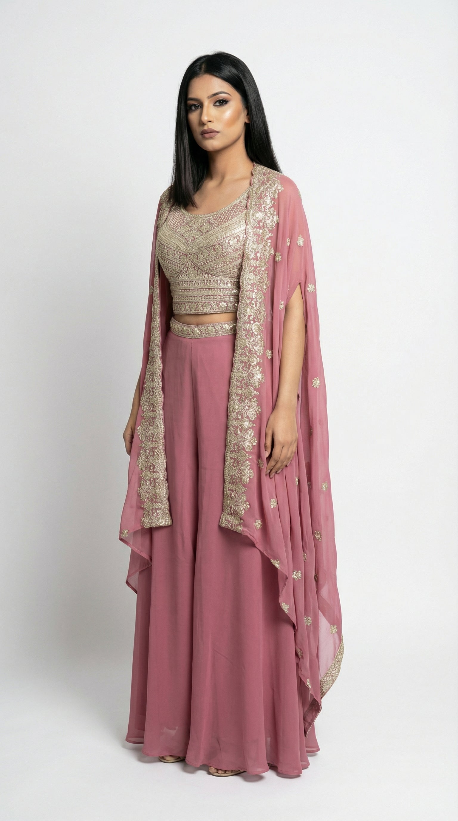 Dusty Rose Embroidered Cape Set | Crop Top & Wide Leg Palazzo - Rosio House