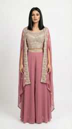 Dusty Rose Embroidered Cape Set | Crop Top & Wide Leg Palazzo - Rosio House
