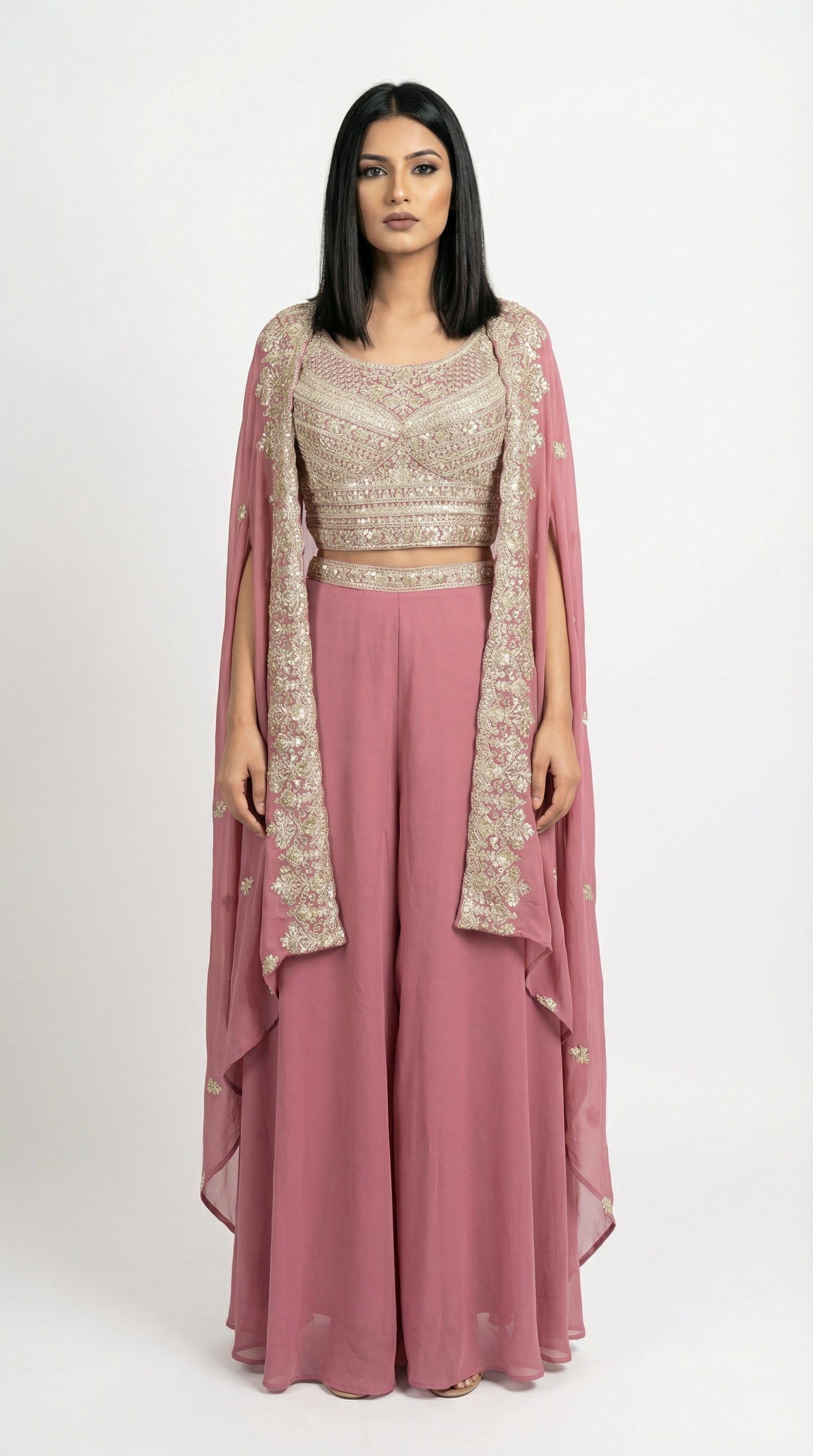 Dusty Rose Embroidered Cape Set | Crop Top & Wide Leg Palazzo - Rosio House