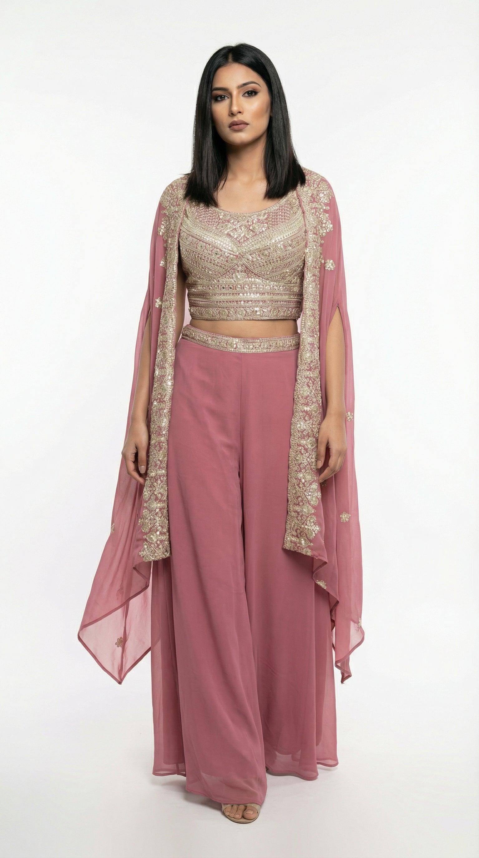 Dusty Rose Embroidered Cape Set | Crop Top & Wide Leg Palazzo - Rosio House
