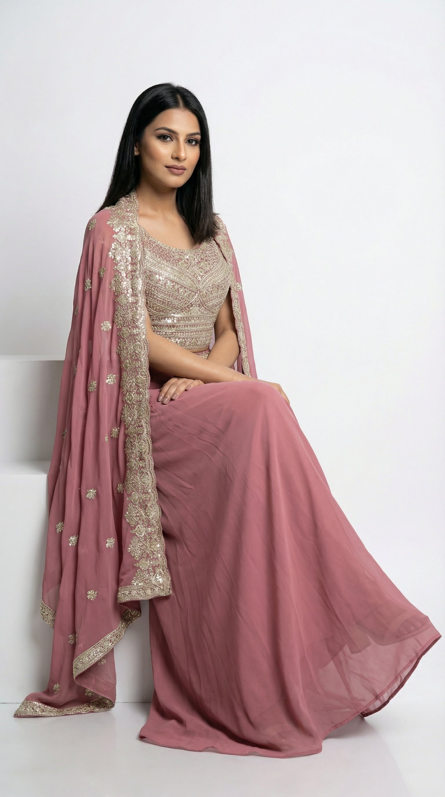 Dusty Rose Embroidered Cape Set | Crop Top & Wide Leg Palazzo - Rosio House