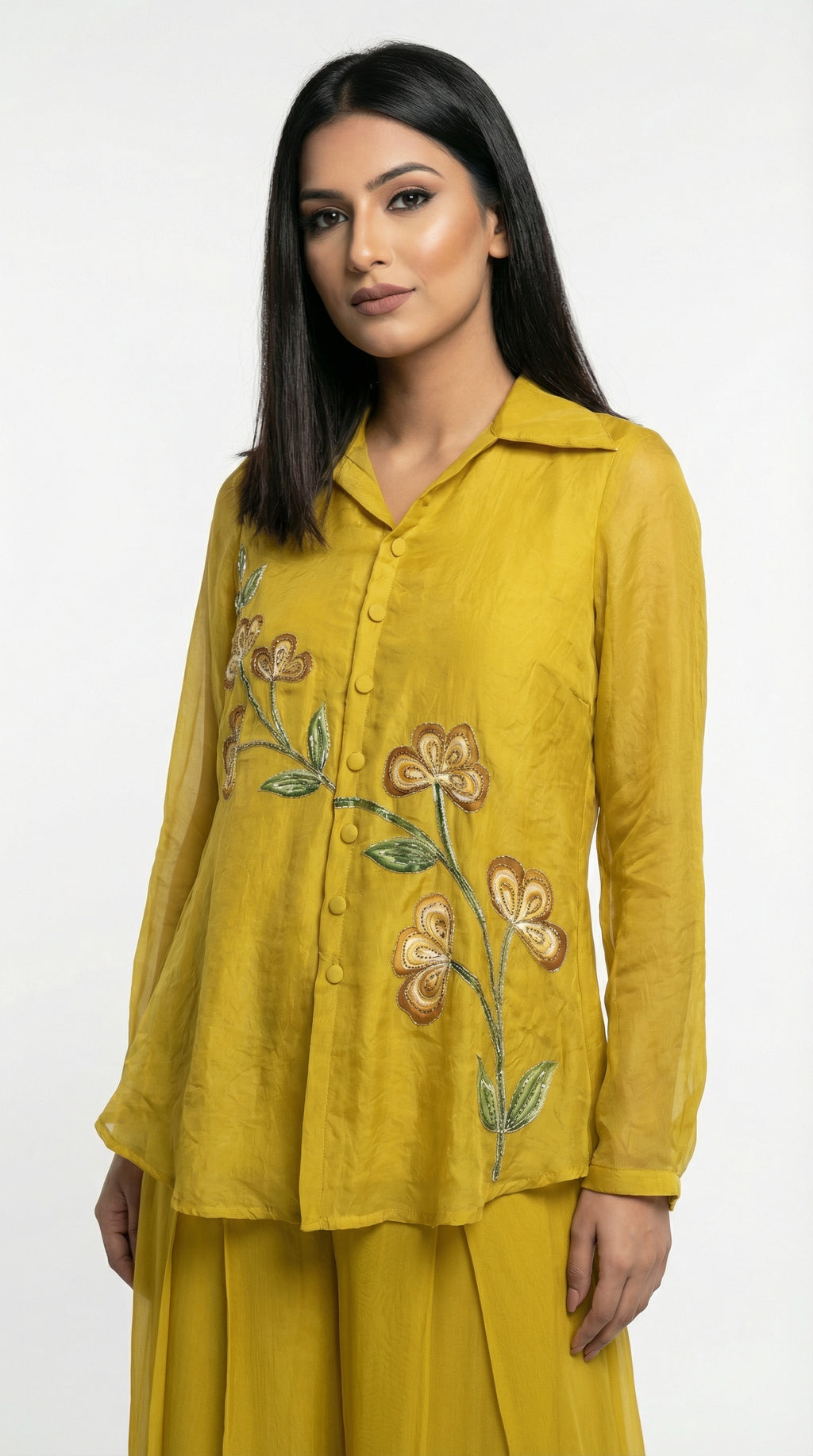 Mustard Yellow Embroidered Co-ord Set | Shirt Tunic & Pleated Palazzo - Rosio House
