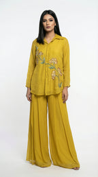 Mustard Yellow Embroidered Co-ord Set | Shirt Tunic & Pleated Palazzo - Rosio House