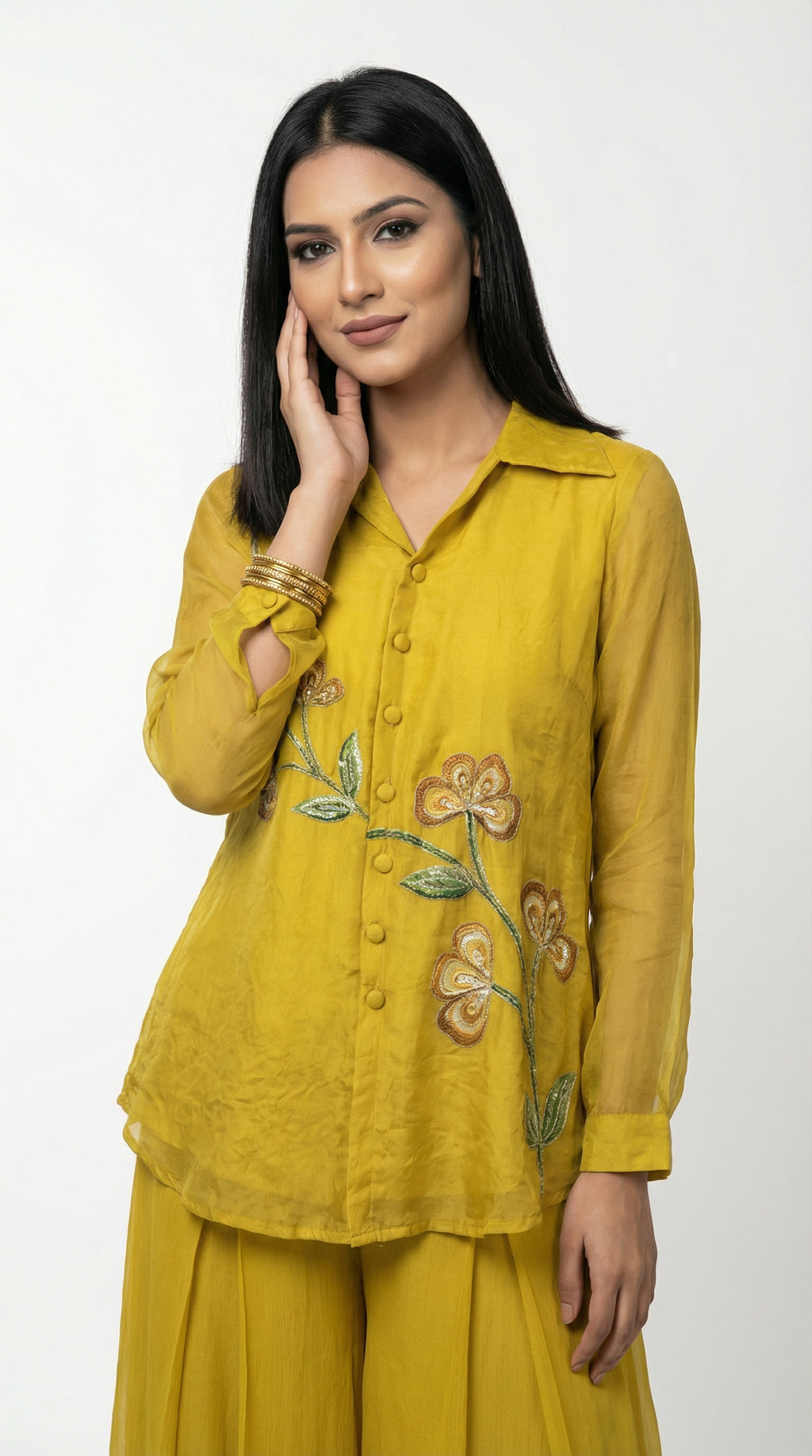 Mustard Yellow Embroidered Co-ord Set | Shirt Tunic & Pleated Palazzo - Rosio House
