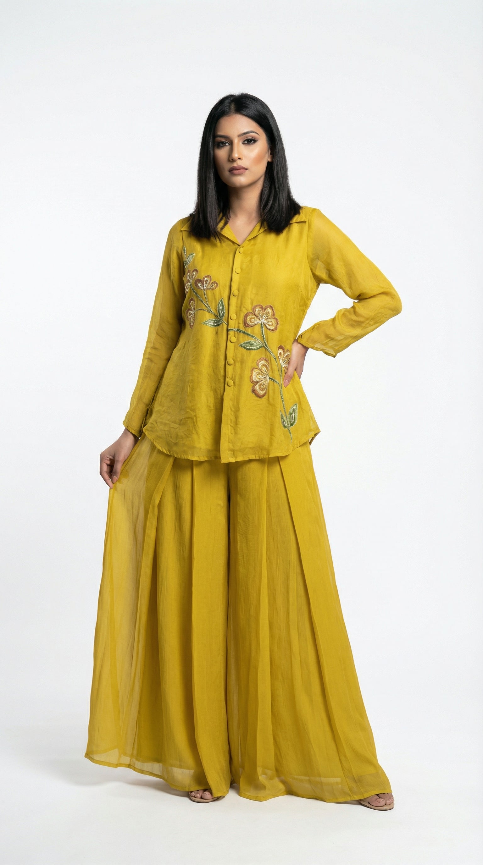 Mustard Yellow Embroidered Co-ord Set | Shirt Tunic & Pleated Palazzo - Rosio House