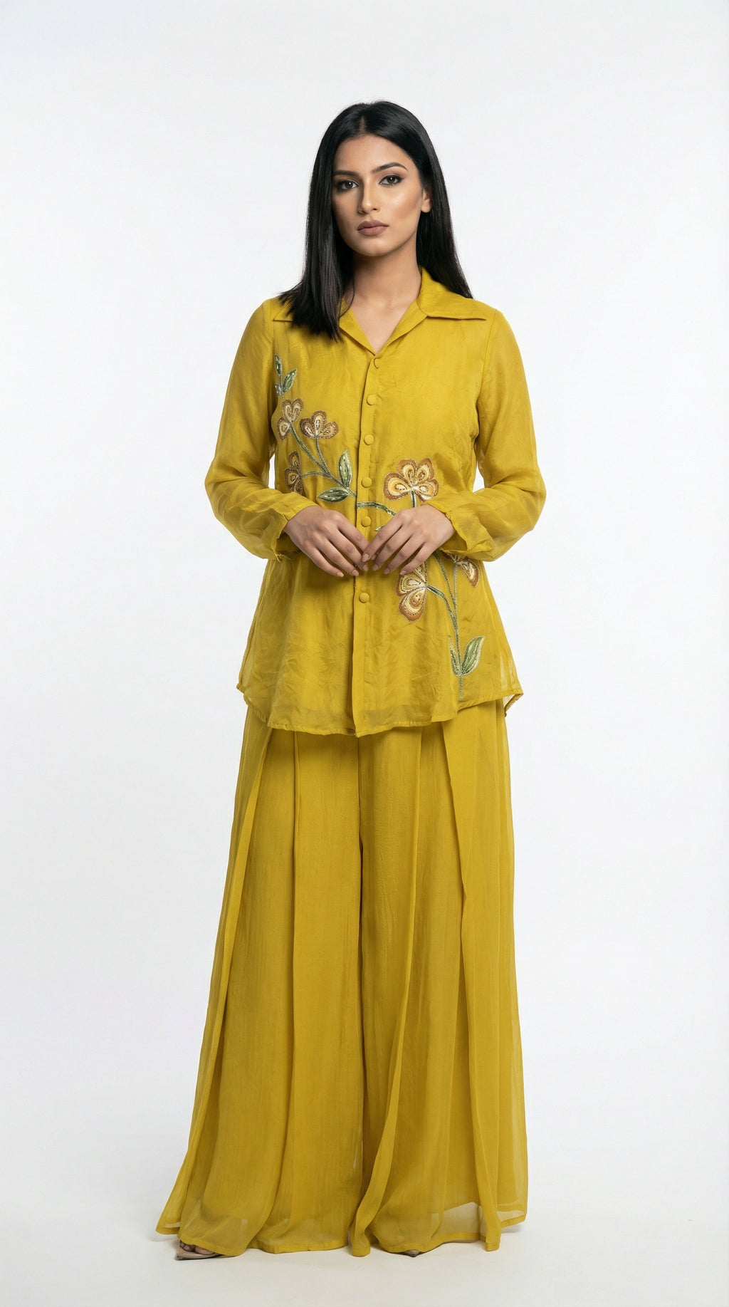 Mustard Yellow Embroidered Co-ord Set | Shirt Tunic & Pleated Palazzo - Rosio House