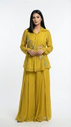 Mustard Yellow Embroidered Co-ord Set | Shirt Tunic & Pleated Palazzo - Rosio House