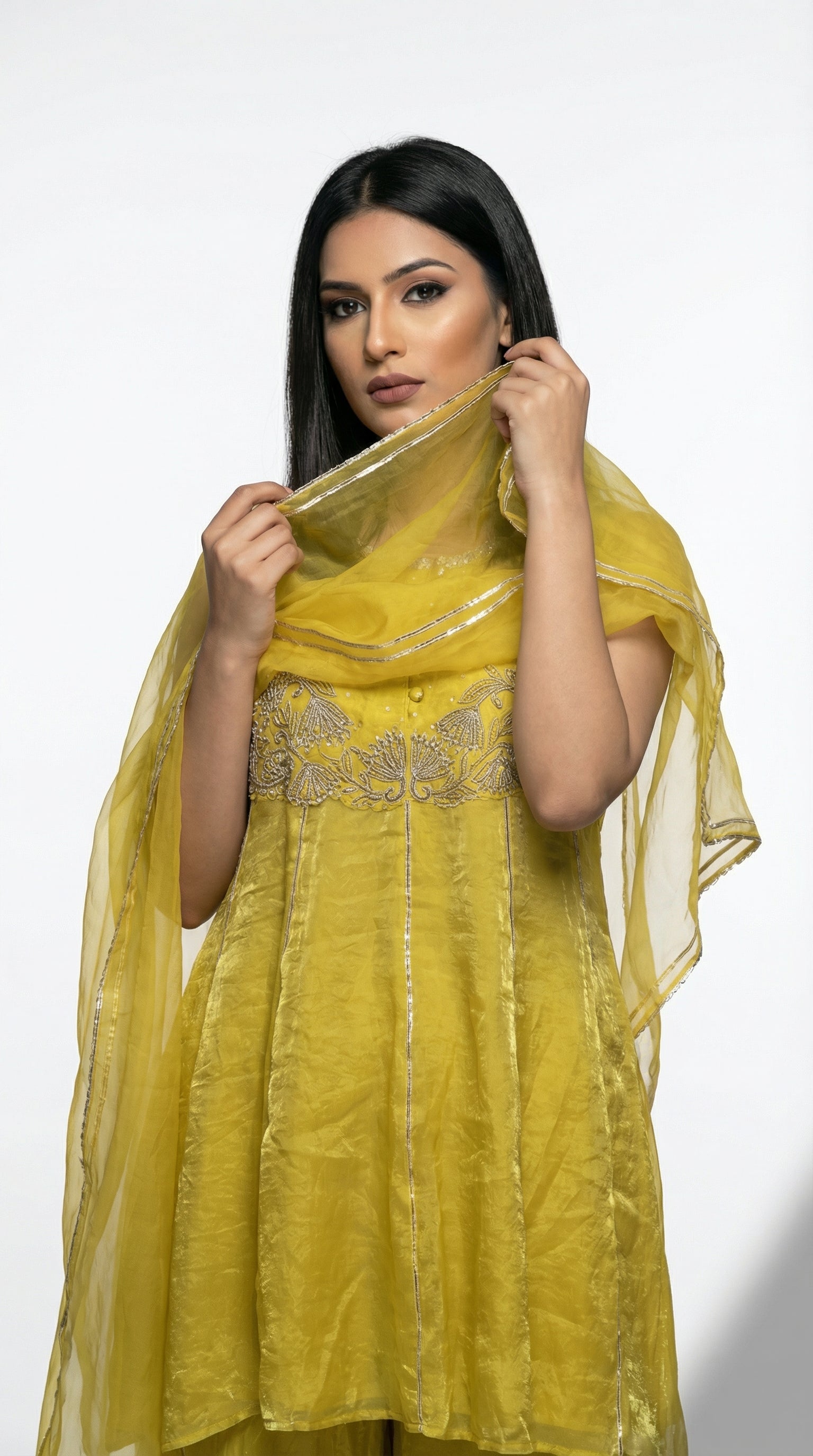 Yellow Jimmy Choo Silk Peplum Indo western Set  - Rosio House