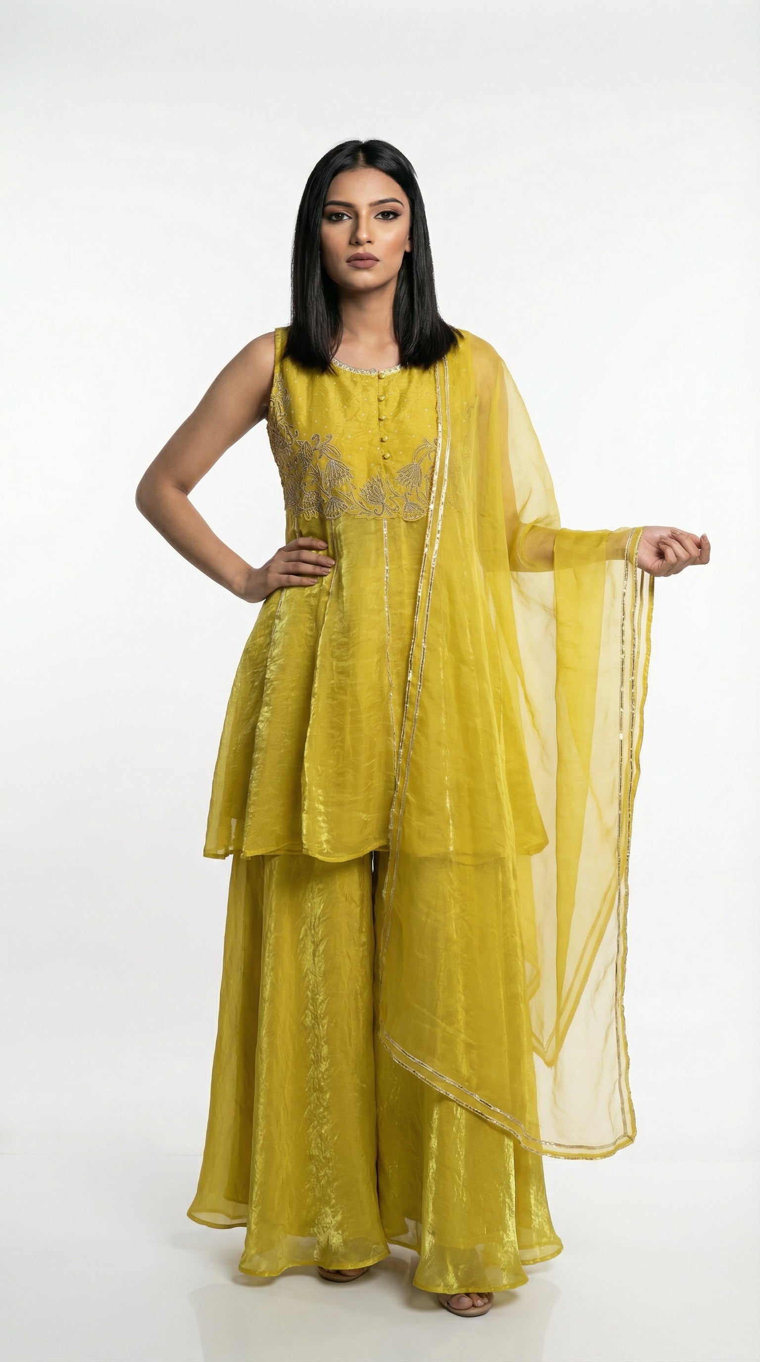 Yellow Jimmy Choo Silk Peplum Indo western Set  - Rosio House