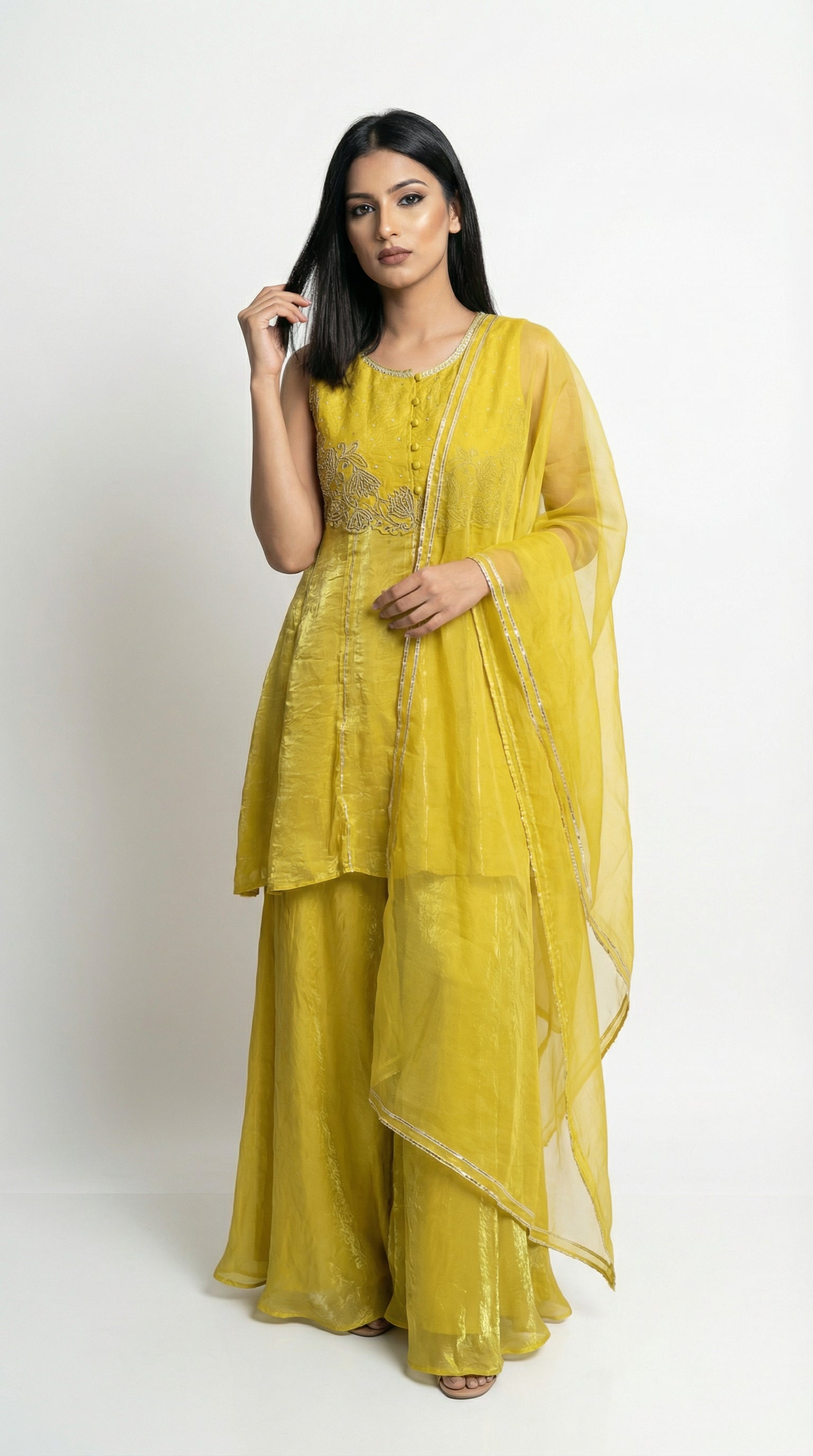 Yellow Jimmy Choo Silk Peplum Indo western Set  - Rosio House