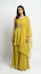 Yellow Jimmy Choo Silk Peplum Indo western Set  - Rosio House