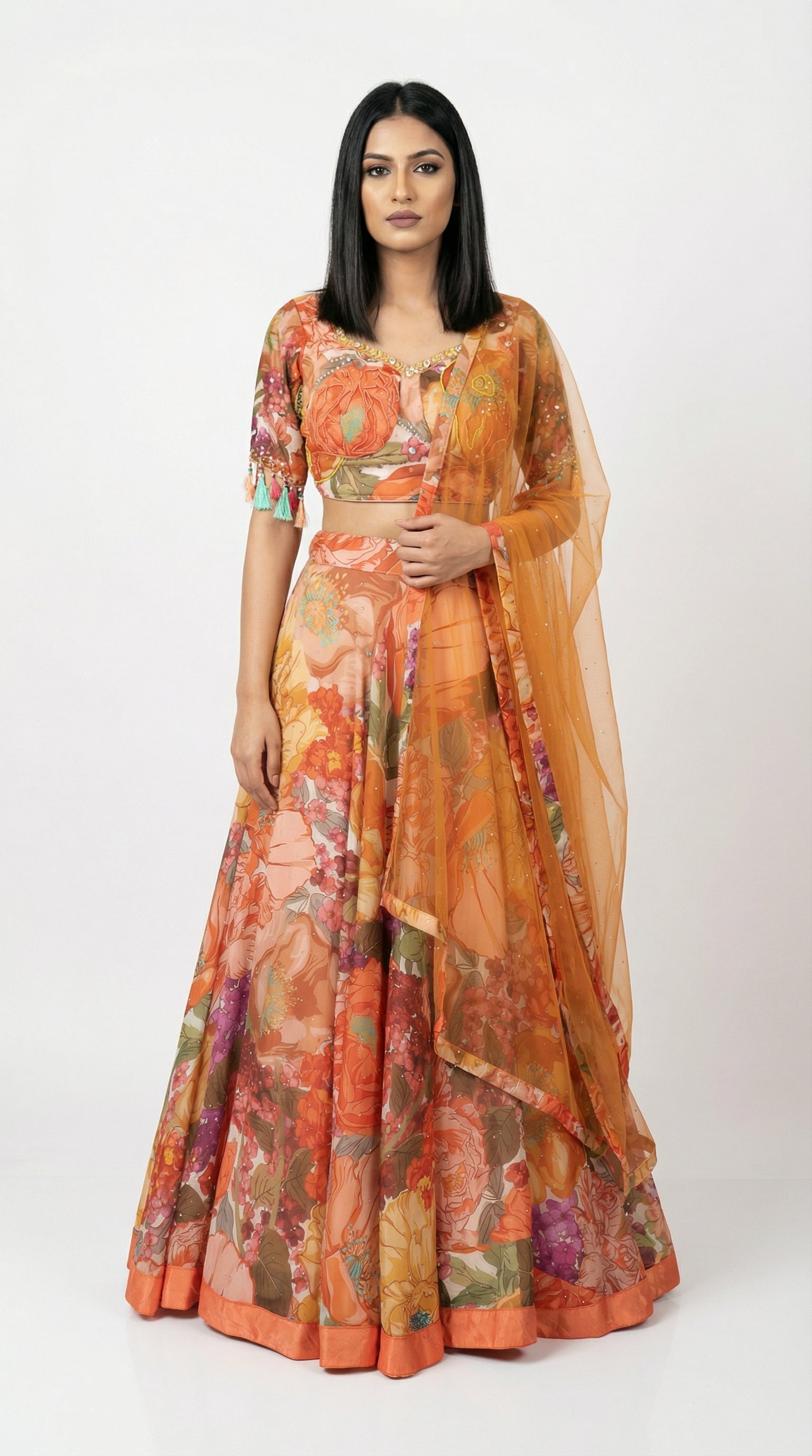 Orange Floral Print Organza Lehenga | Tassel Sleeve Blouse & Net Dupatta - Rosio House