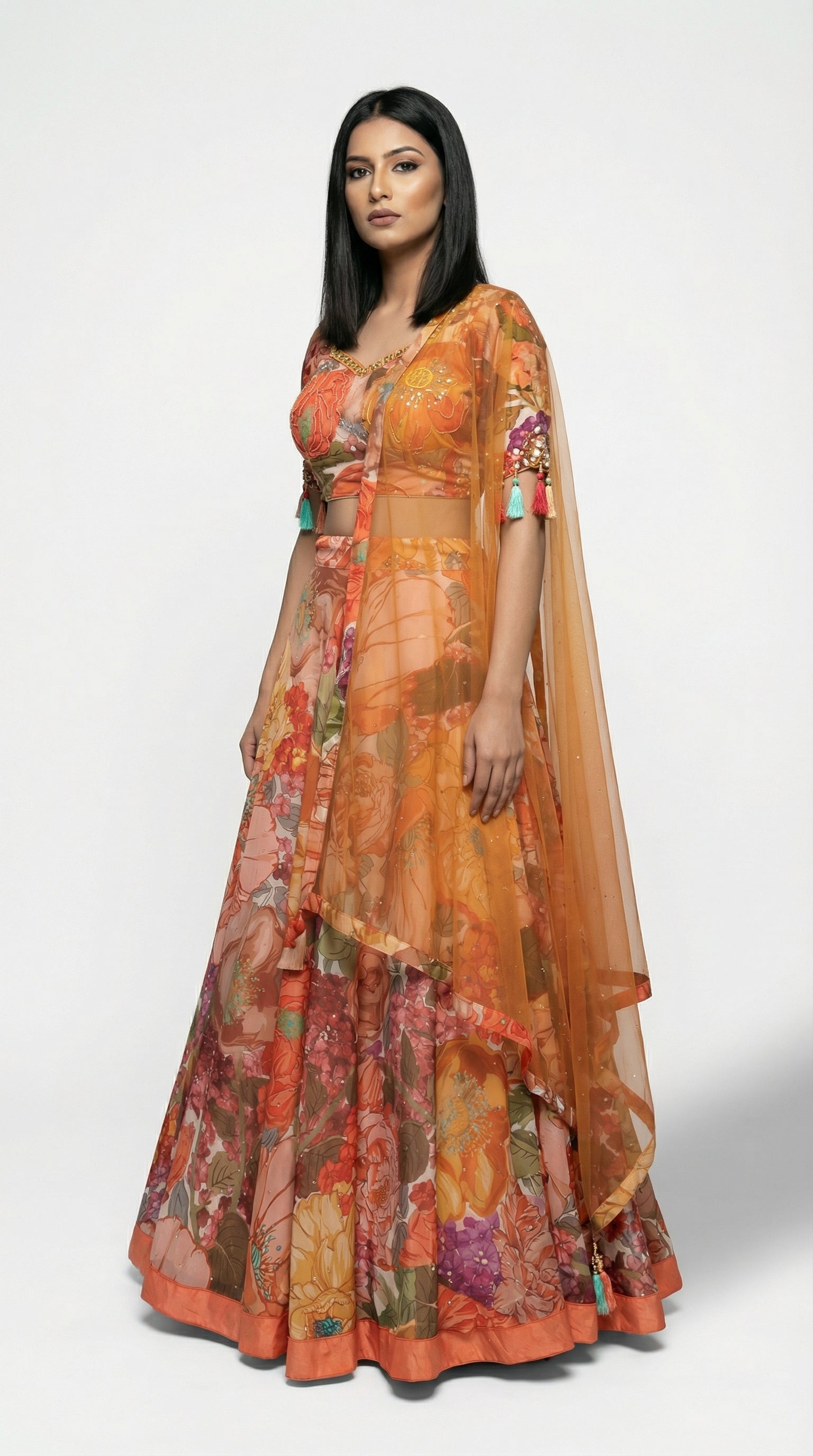 Orange Floral Print Organza Lehenga | Tassel Sleeve Blouse & Net Dupatta - Rosio House