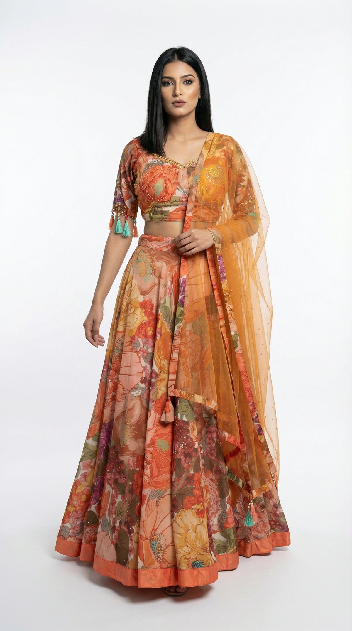 Orange Floral Print Organza Lehenga | Tassel Sleeve Blouse & Net Dupatta - Rosio House