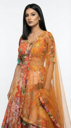 Orange Floral Print Organza Lehenga | Tassel Sleeve Blouse & Net Dupatta - Rosio House