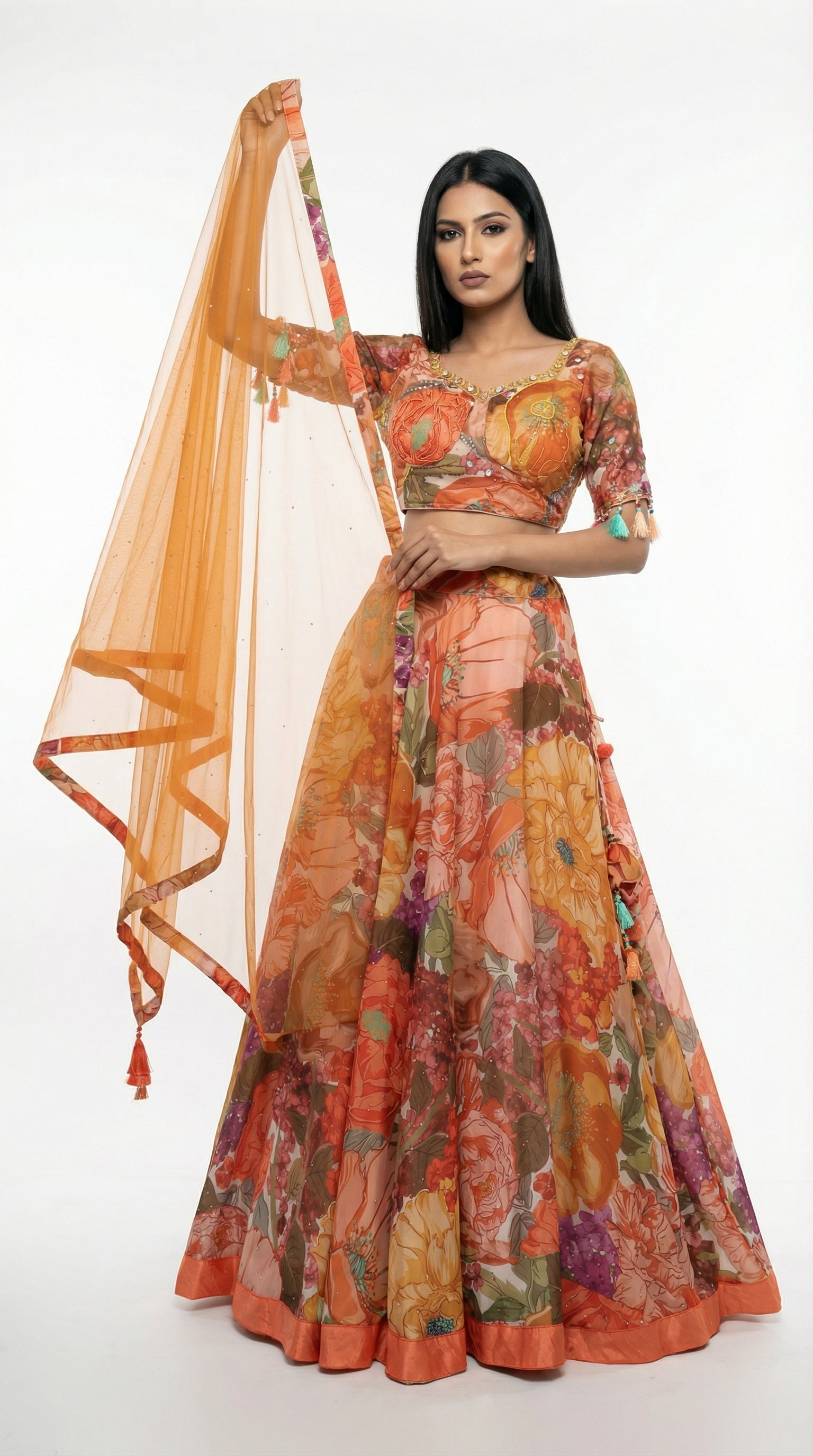 Orange Floral Print Organza Lehenga | Tassel Sleeve Blouse & Net Dupatta - Rosio House