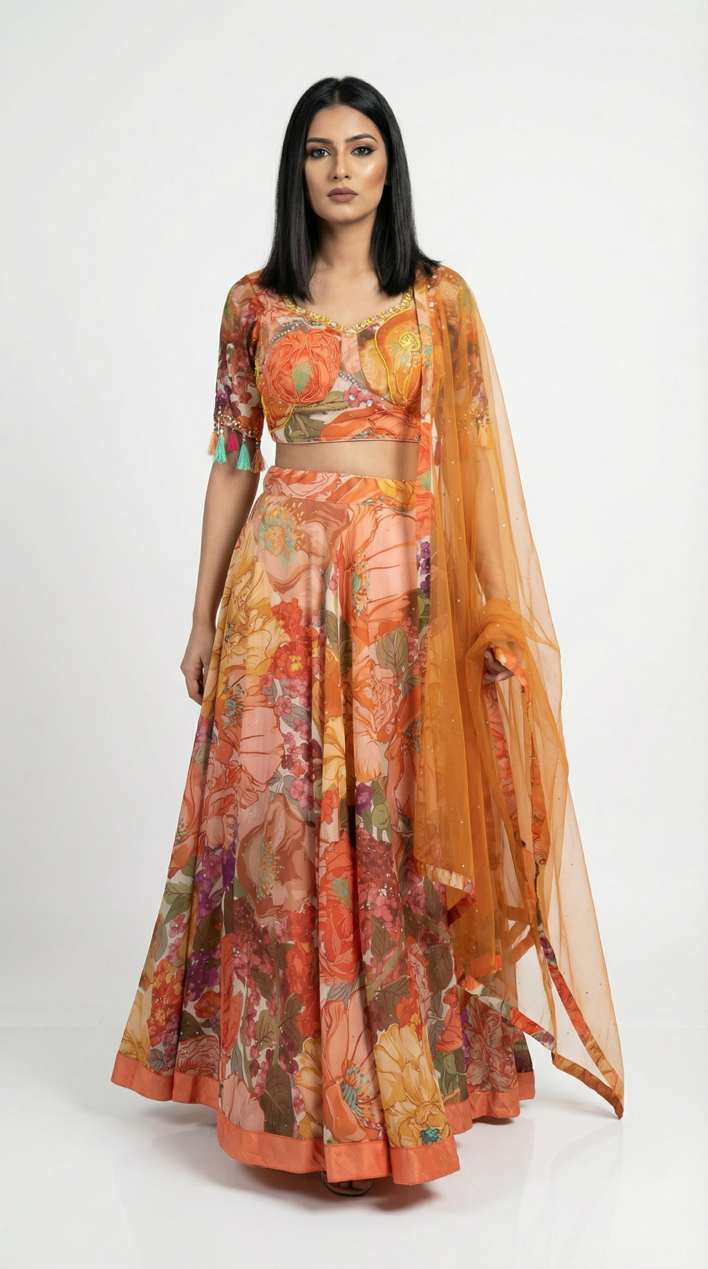 Orange Floral Print Organza Lehenga | Tassel Sleeve Blouse & Net Dupatta - Rosio House