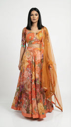 Orange Floral Print Organza Lehenga | Tassel Sleeve Blouse & Net Dupatta - Rosio House