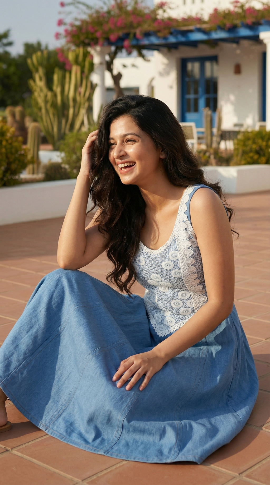 Blue Denim Midi Dress with White Lace | Rosio House