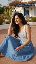 Blue Denim Midi Dress with White Lace | Rosio House