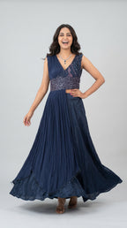 Blue Designer Draped Indo-Western Gown