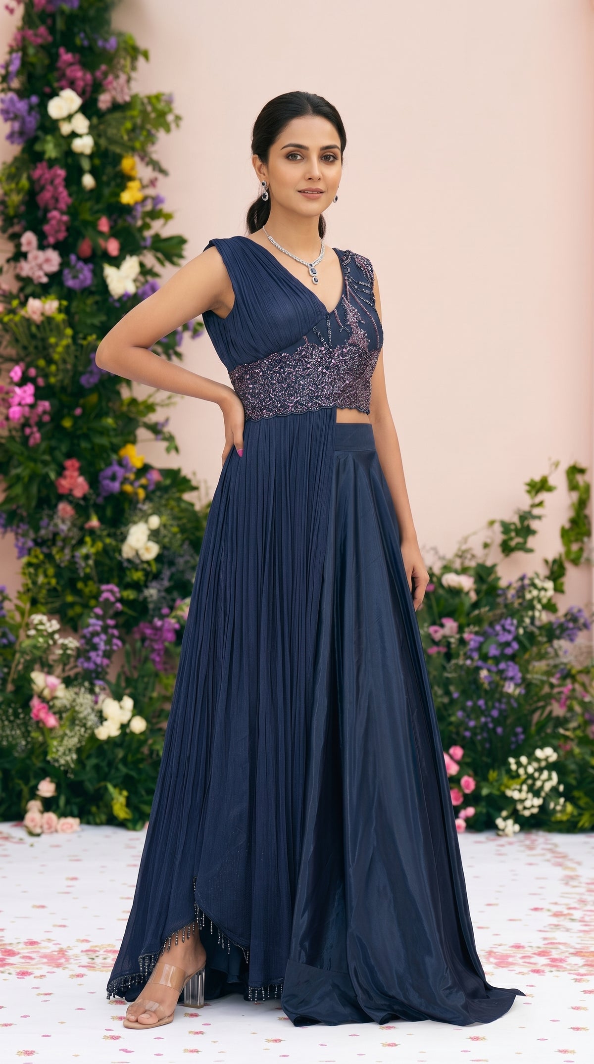 Blue Designer Draped Indo-Western Gown