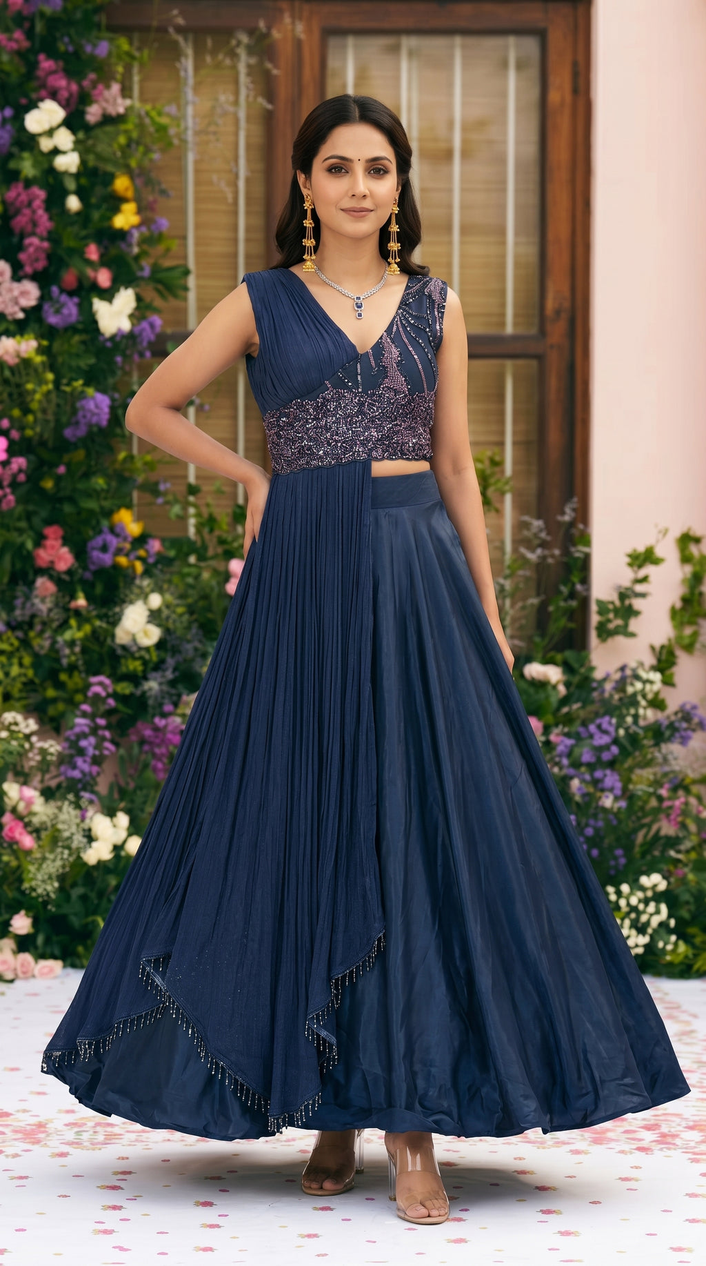 Blue Designer Draped Indo-Western Gown