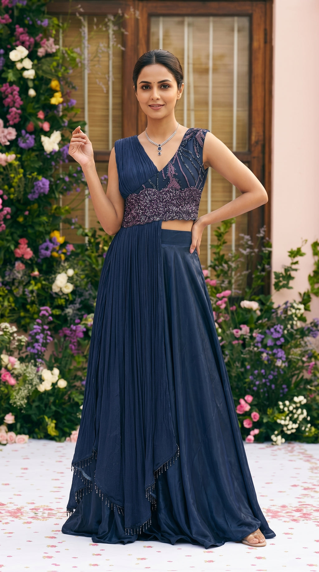 Blue Designer Draped Indo-Western Gown