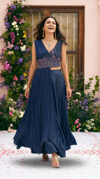 Blue Designer Draped Indo-Western Gown
