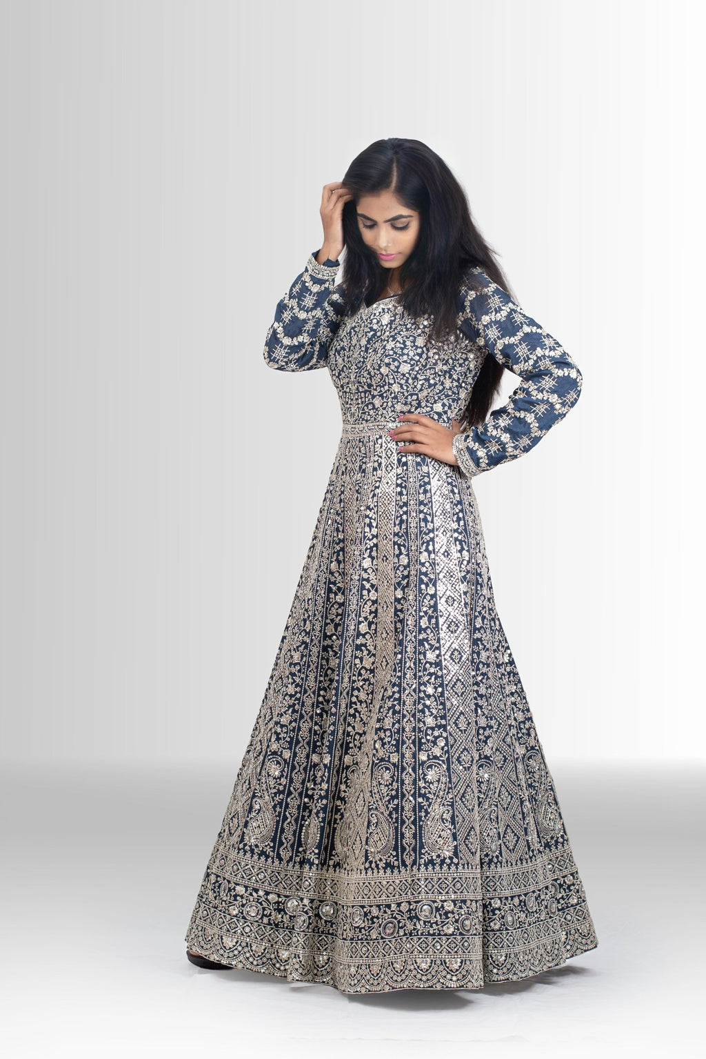 Full zari handwork blue gown for women