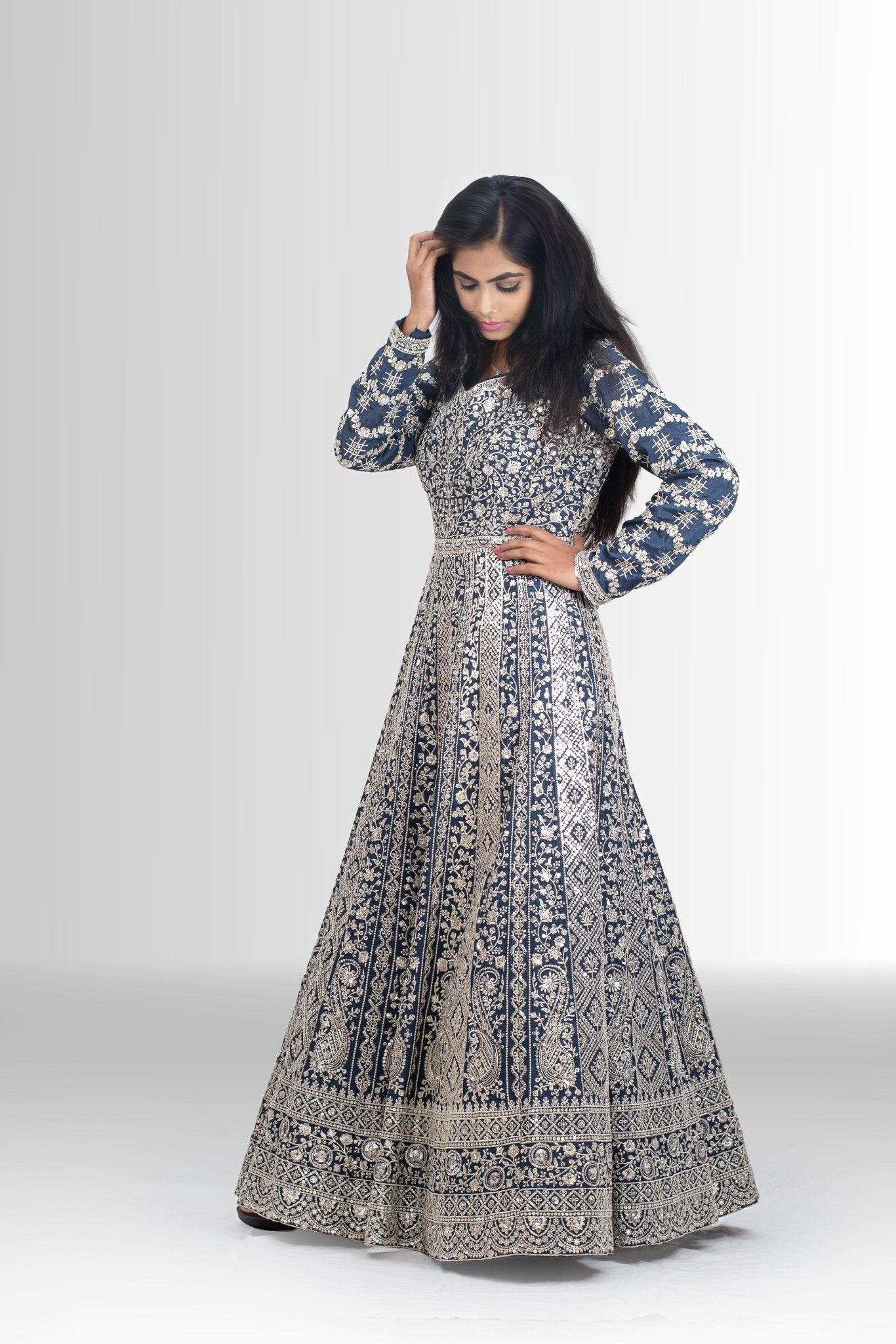 Full zari handwork blue gown for women