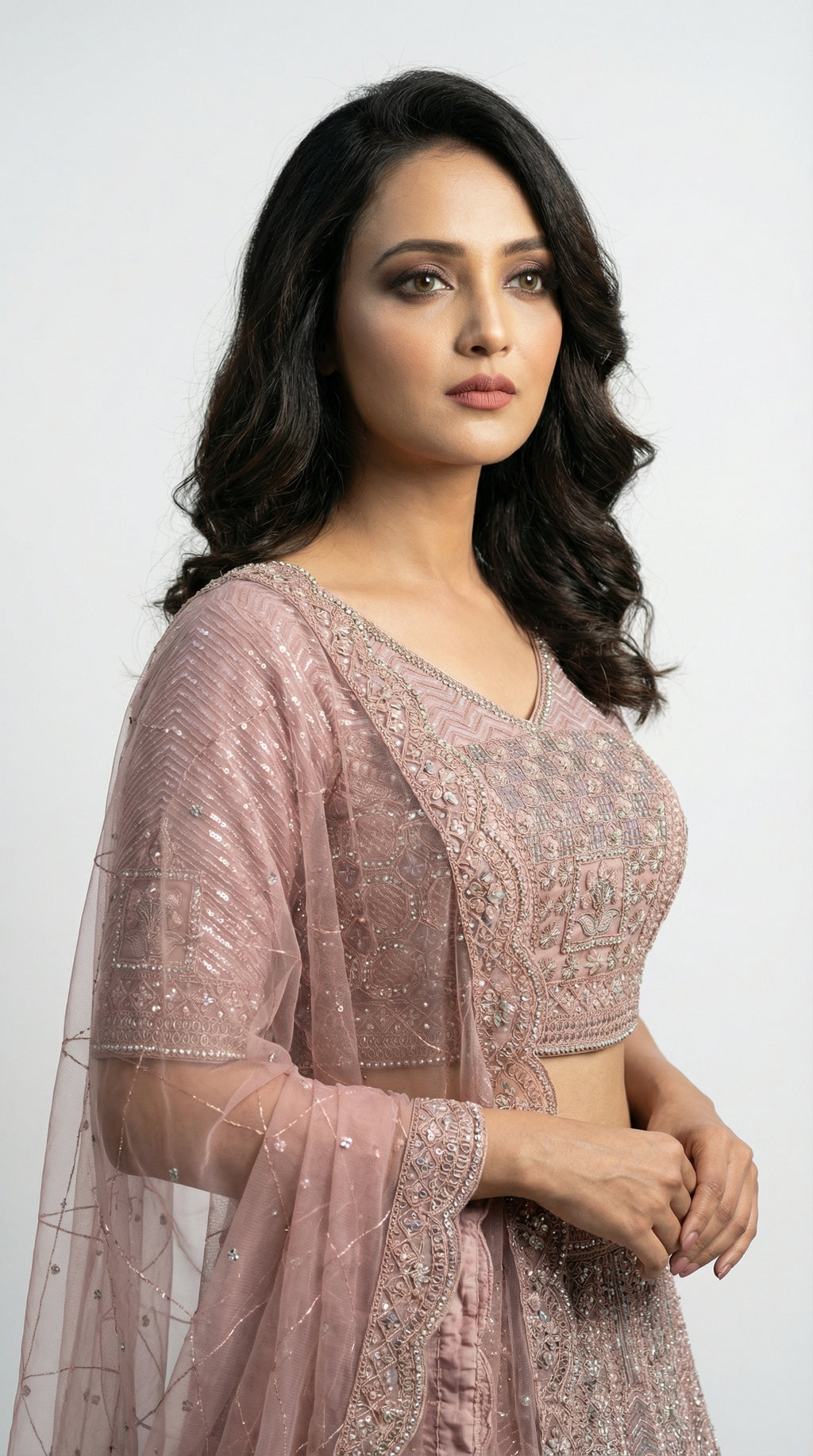 Close-up of the sheer net dupatta showing the elegant scalloped cutwork border with heavy silver embellishments.