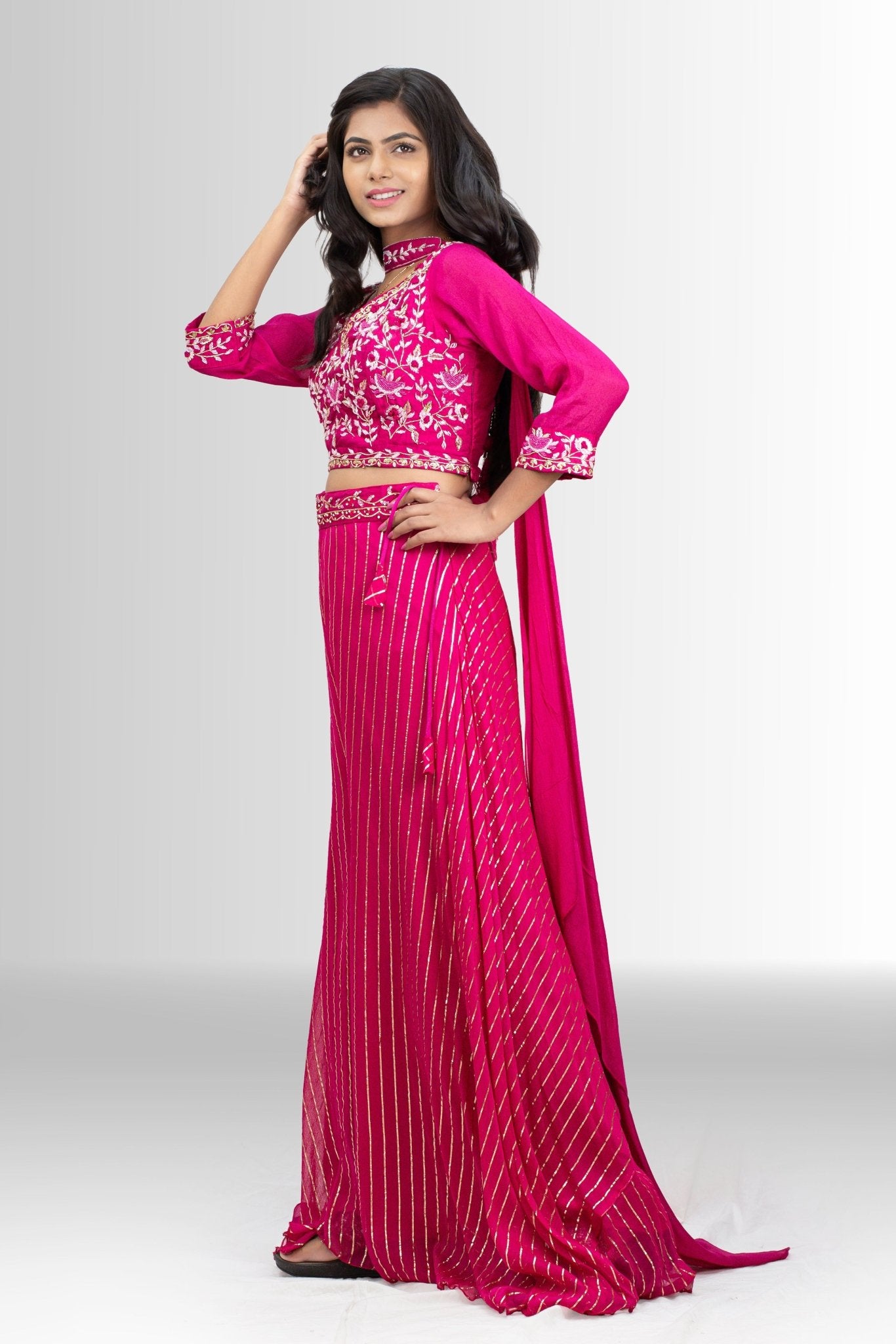 Stunning Pink Handwork Indo Western Crop Top & Palazzo Set