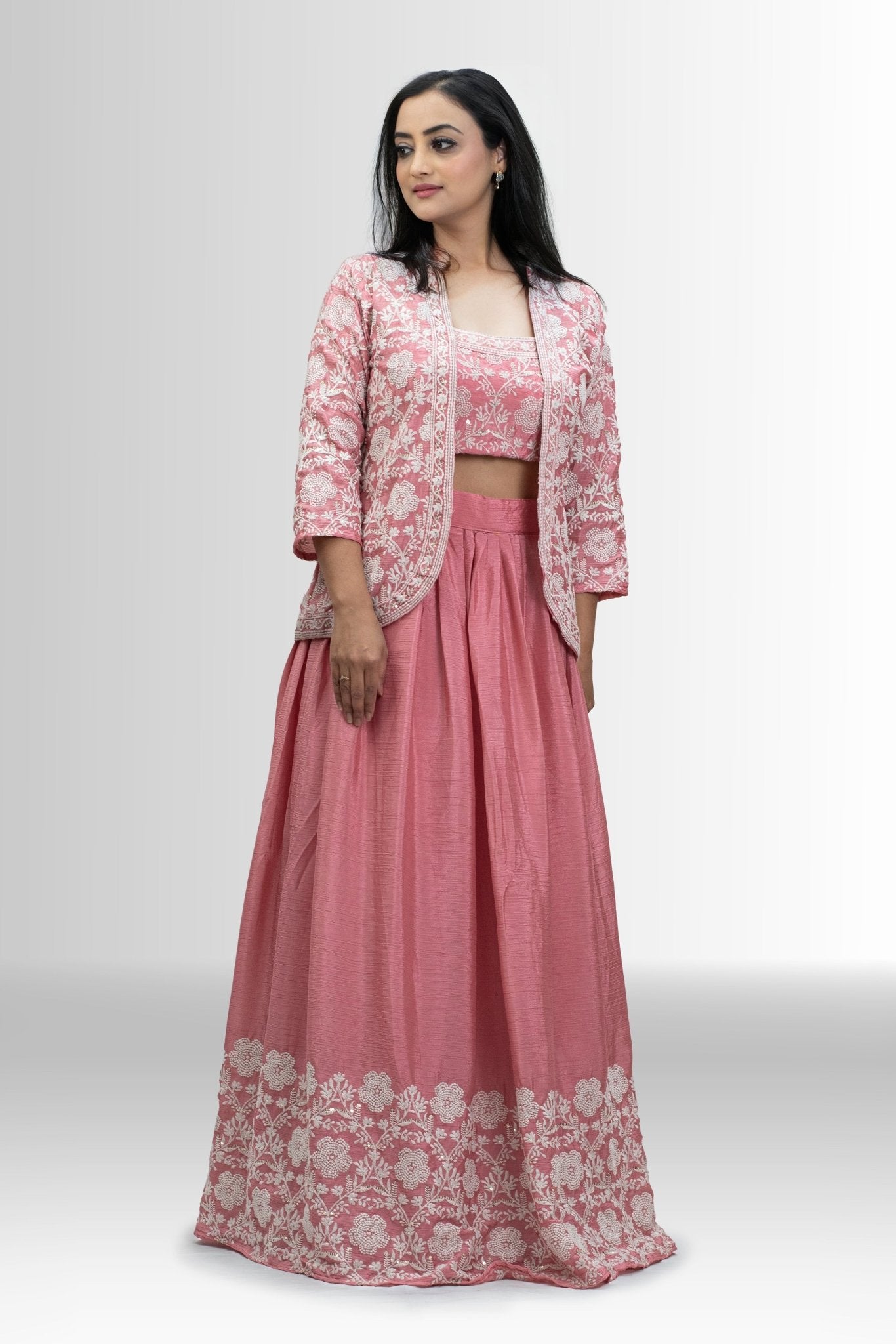 Stylish Pink Embroidered Jacket Style Indo Western Lehenga Set