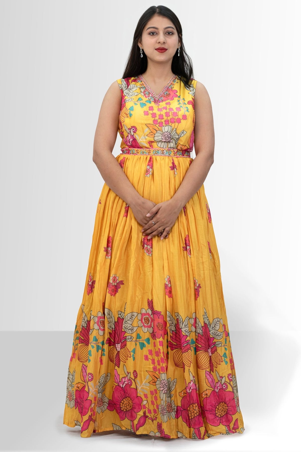 Vibrant Yellow Floral Print Gown with Embellished Neckline