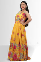 Vibrant Yellow Floral Print Gown with Embellished Neckline