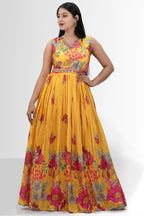 women yellow floral print gown