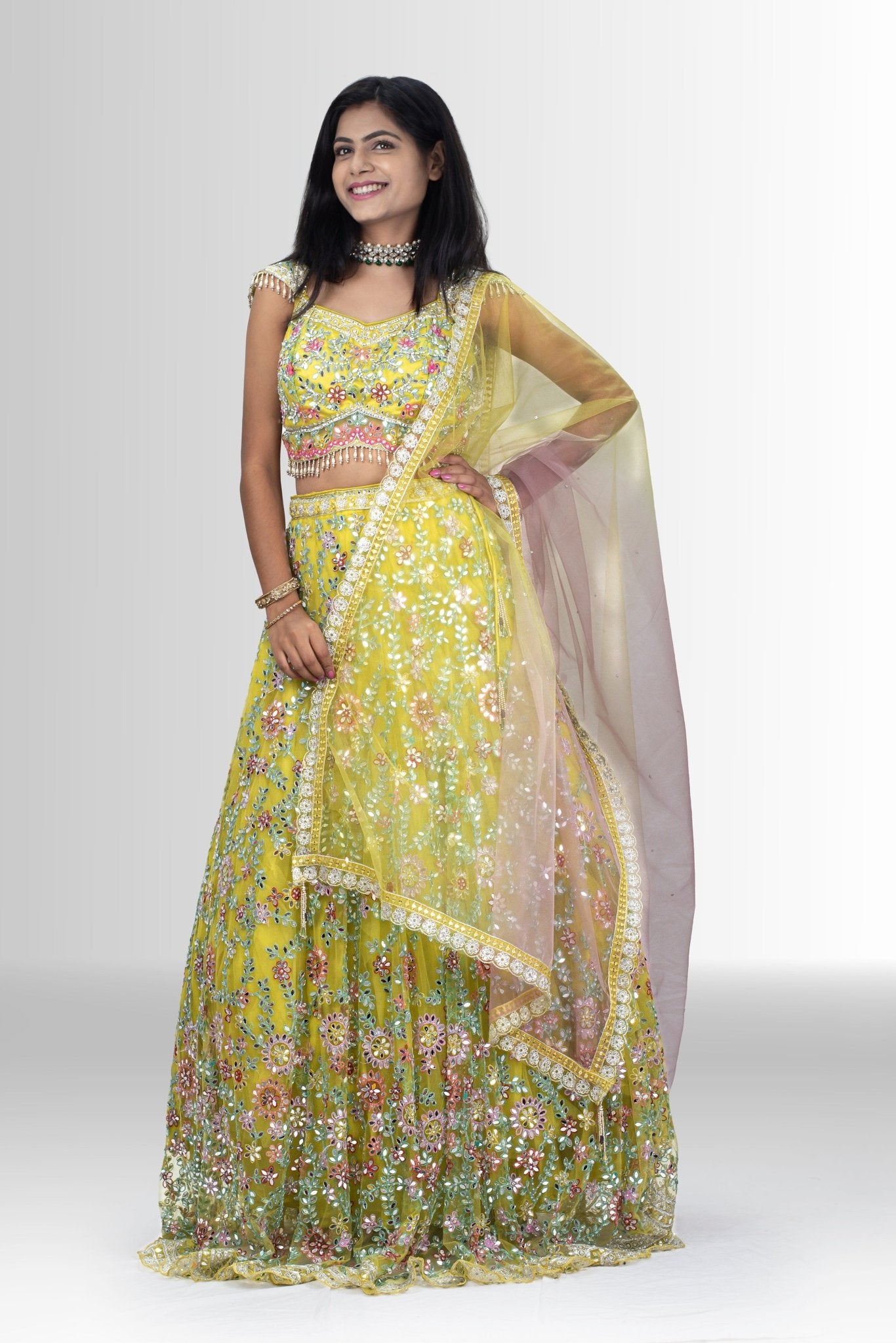 Yellow mirror work lehenga
